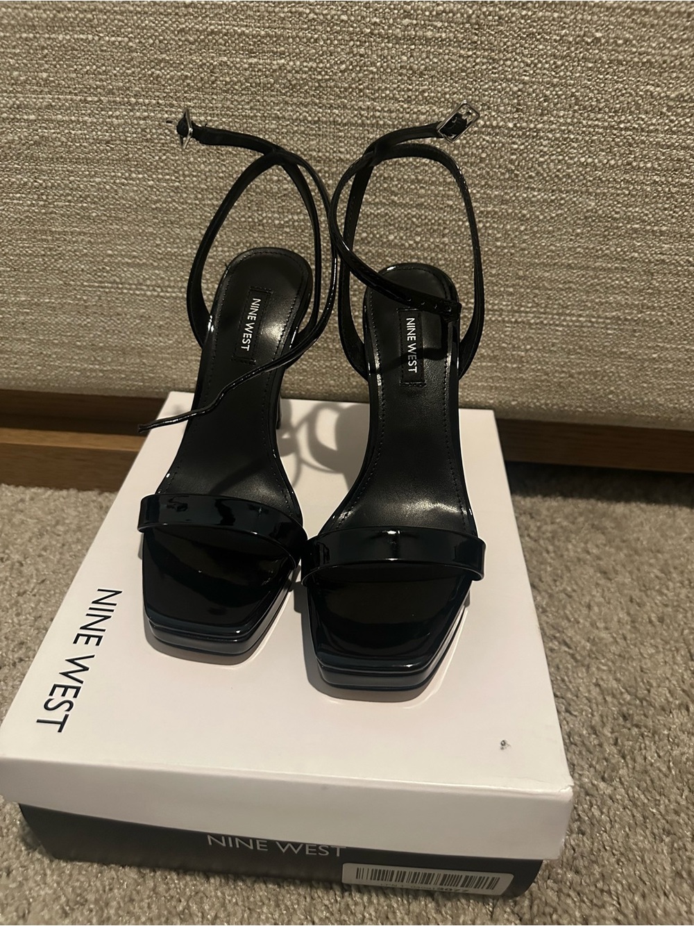 Nine West Black Patent Strappy Square-Toe Heels
